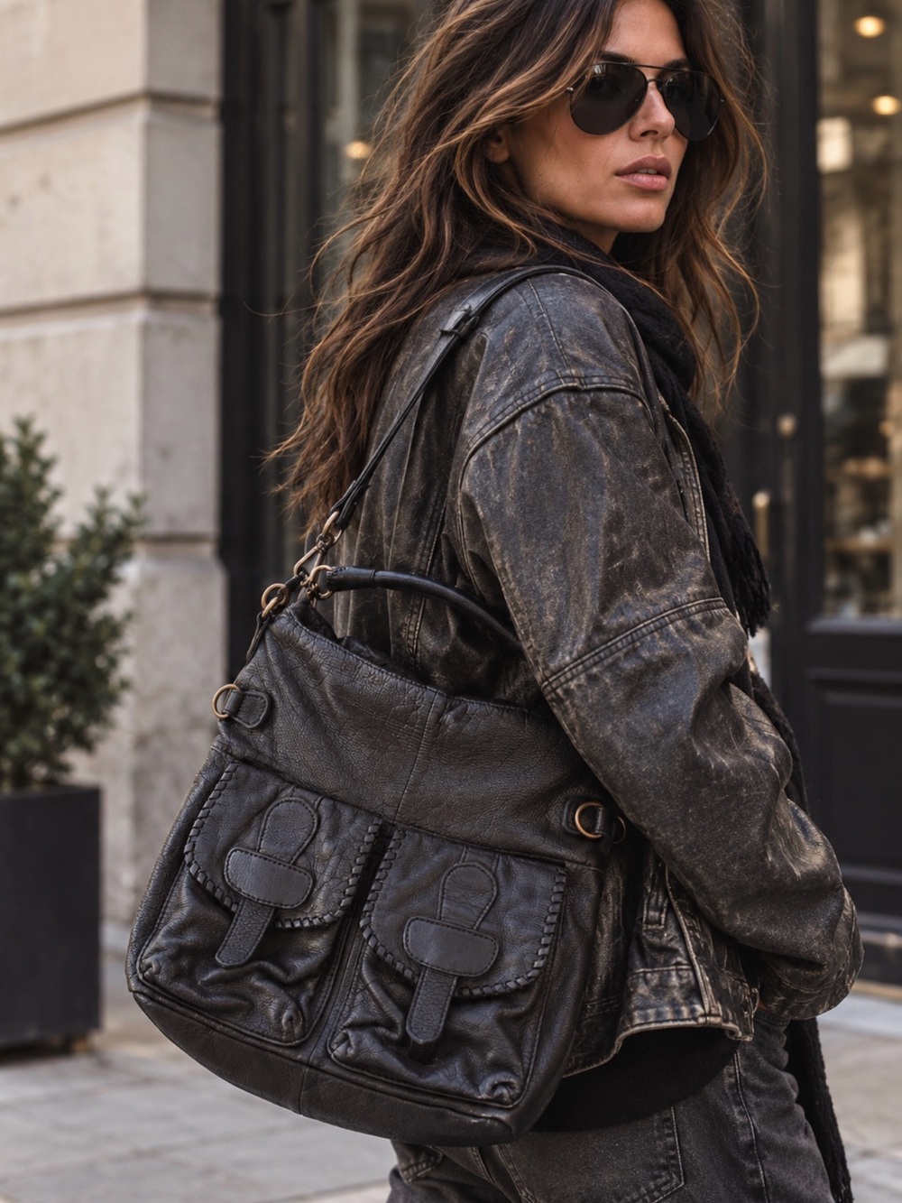 Liebeskind Berlin vintage Leather 2009 double pocket biker hobo /crosssbody